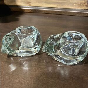 Pair of Vintage Indiana Glass Clear Sleeping Cat Tealight Votive Candle Holders